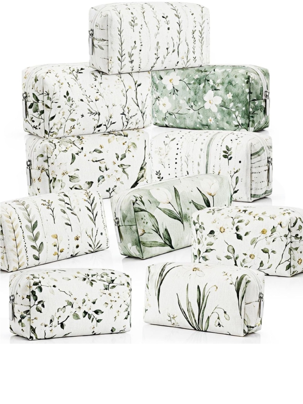 10 Piece Botanical Green & White Quilted Cosmetic Travel Bag Set